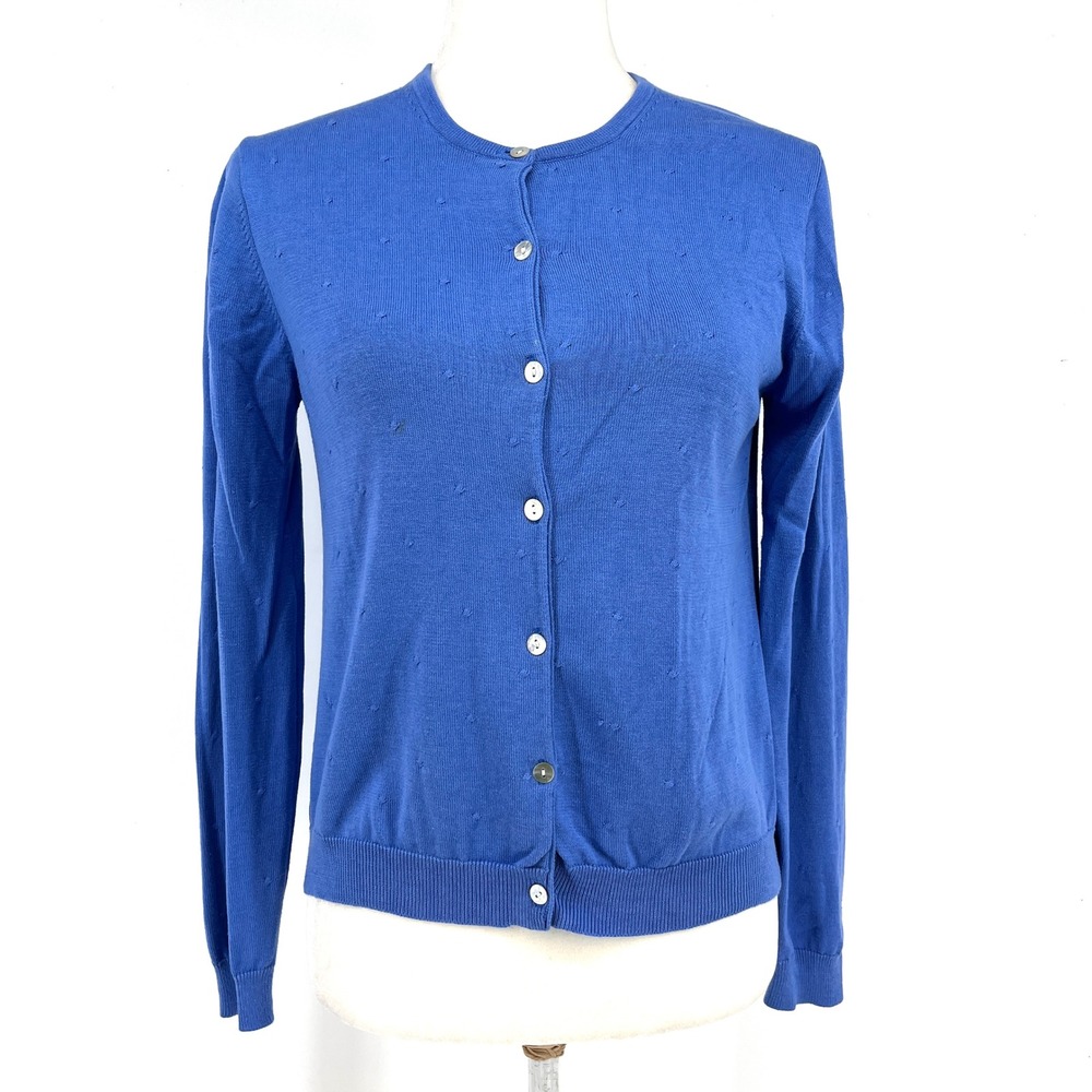 CITY SILK Women Blue Knit Silk Cotton Button Front Cardigan Sweater Top Size M